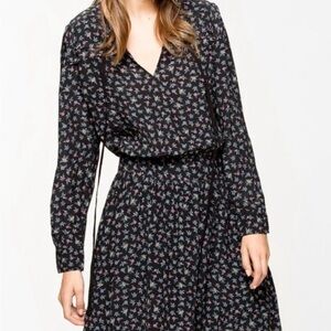 Zadig & Voltaire Black Floral V-Neck Long Sleeve Midi Dress